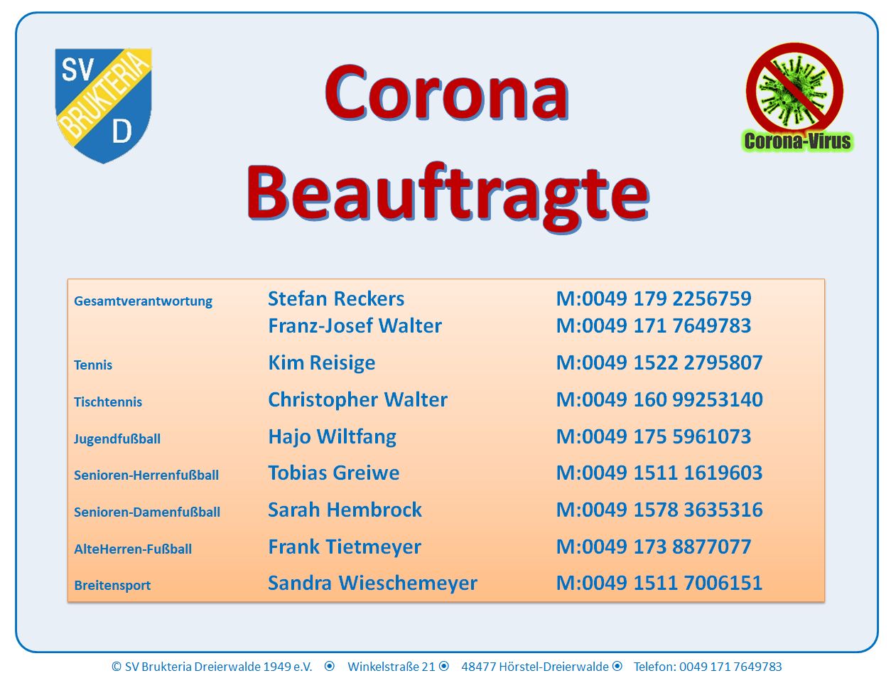 Corona Beauftragte SV Brukteria Dreierwalde